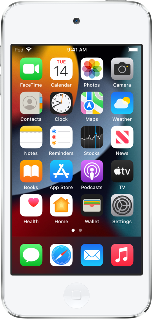 The iPod touch Home Screen with Dark Mode on.