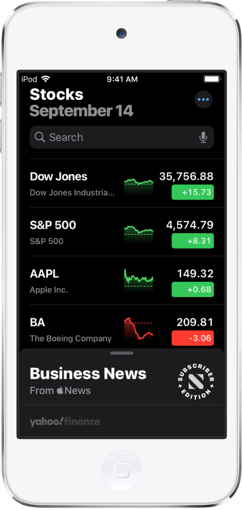 A watchlist showing a list of different stocks. Each stock in the list displays, from left to right, the stock symbol and name, a performance chart, the stock price, and price change. At the top of the screen, above the watchlist, is the search field. Below the watchlist is Business News. Swipe up on Business News to display stories.