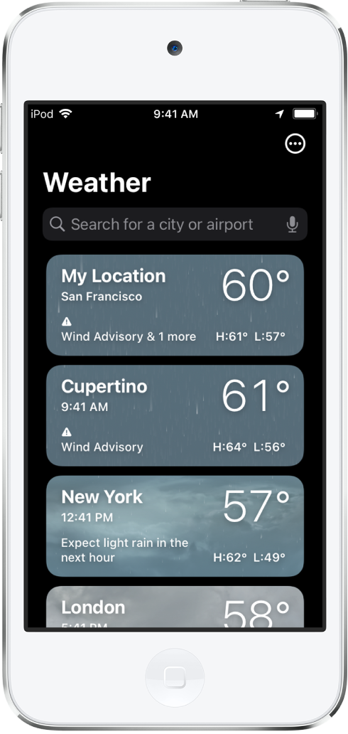 A list of cities showing the time, current temperature, forecast, and high and low temperatures for each city. At the top of the screen is the search field and in the top-right corner is the More button.