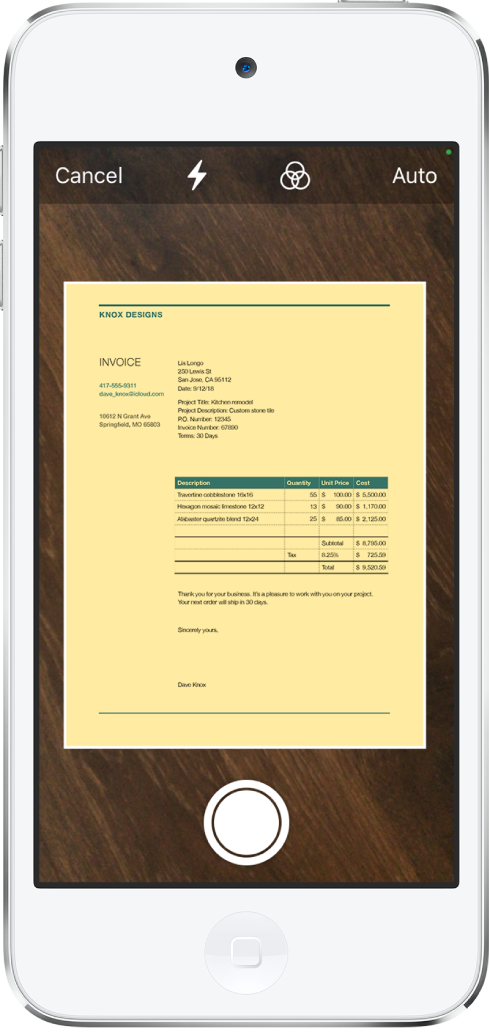 A screen showing a document being scanned. The Take Picture button is at the bottom center.