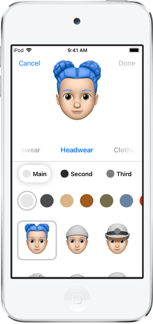 La pantalla para crear un Memoji mostrando la creación del personaje en la parte superior, las características personalizables debajo del personaje, y las opciones de la característica seleccionada en la parte inferior. El botón Listo se encuentra en la esquina superior derecha y el botón Cancelar está en la esquina superior izquierda.