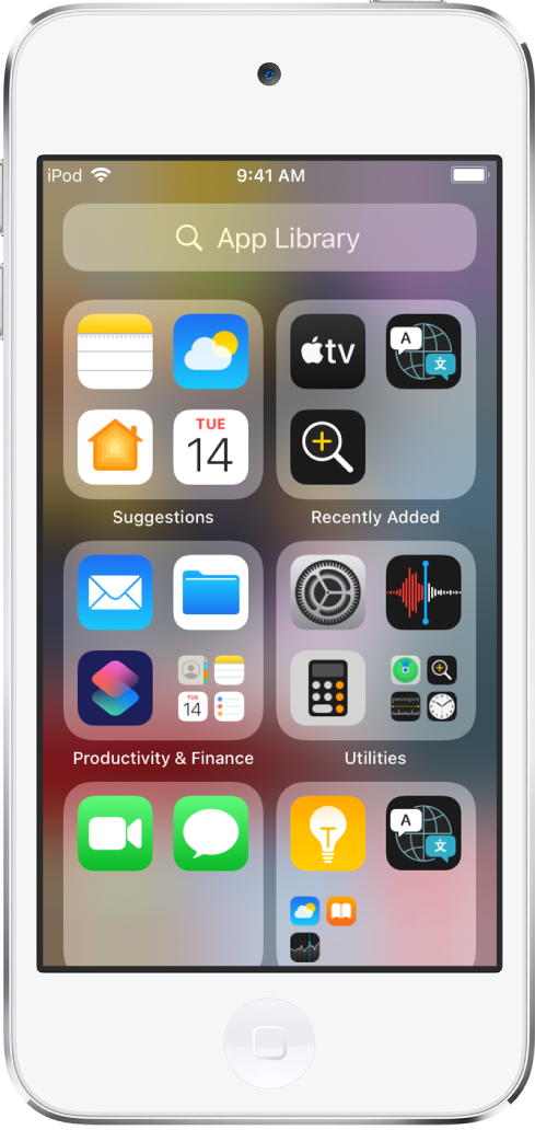 Biblioteca de apps en el iPod touch mostrando las apps organizadas por categorías (Sugeridas, Recientes, Utilidades, etc.).