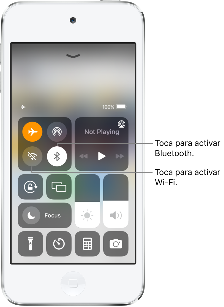 Centro de control con el modo vuelo activado. Los botones para activar Wi-Fi y Bluetooth están cerca de la esquina superior derecha del centro de control.