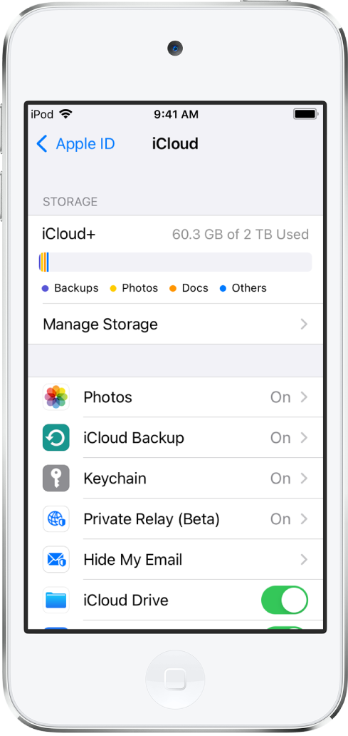 La pantalla de configuración de iCloud mostrando el indicador de almacenamiento de iCloud y una lista de funciones, como Mail, Contactos y Mensajes, que se pueden usar con iCloud.