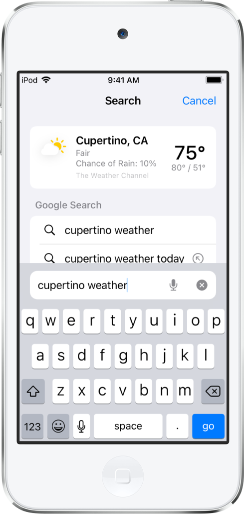 En la parte inferior de la pantalla se encuentra el campo de búsqueda de Safari que contiene el texto “clima cupertino”. En la parte superior de la pantalla está el resultado de la app Clima, que muestra la temperatura y condiciones actuales en Cupertino. Debajo se muestran los resultados de búsqueda de Google. En el lado derecho de cada resultado hay una flecha que enlaza a la página del resultado de búsqueda.