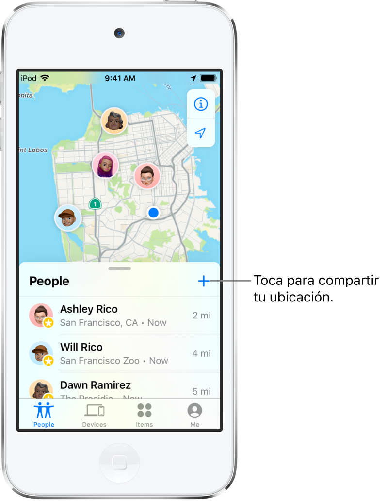 La pantalla Encontrar abierta mostrando la lista Personas. Se muestran tres personas en la lista: Abigail Real, Lalo Real y Daniel Ramírez. Toca el botón Agregar arriba de la lista Personas para compartir tu ubicación.