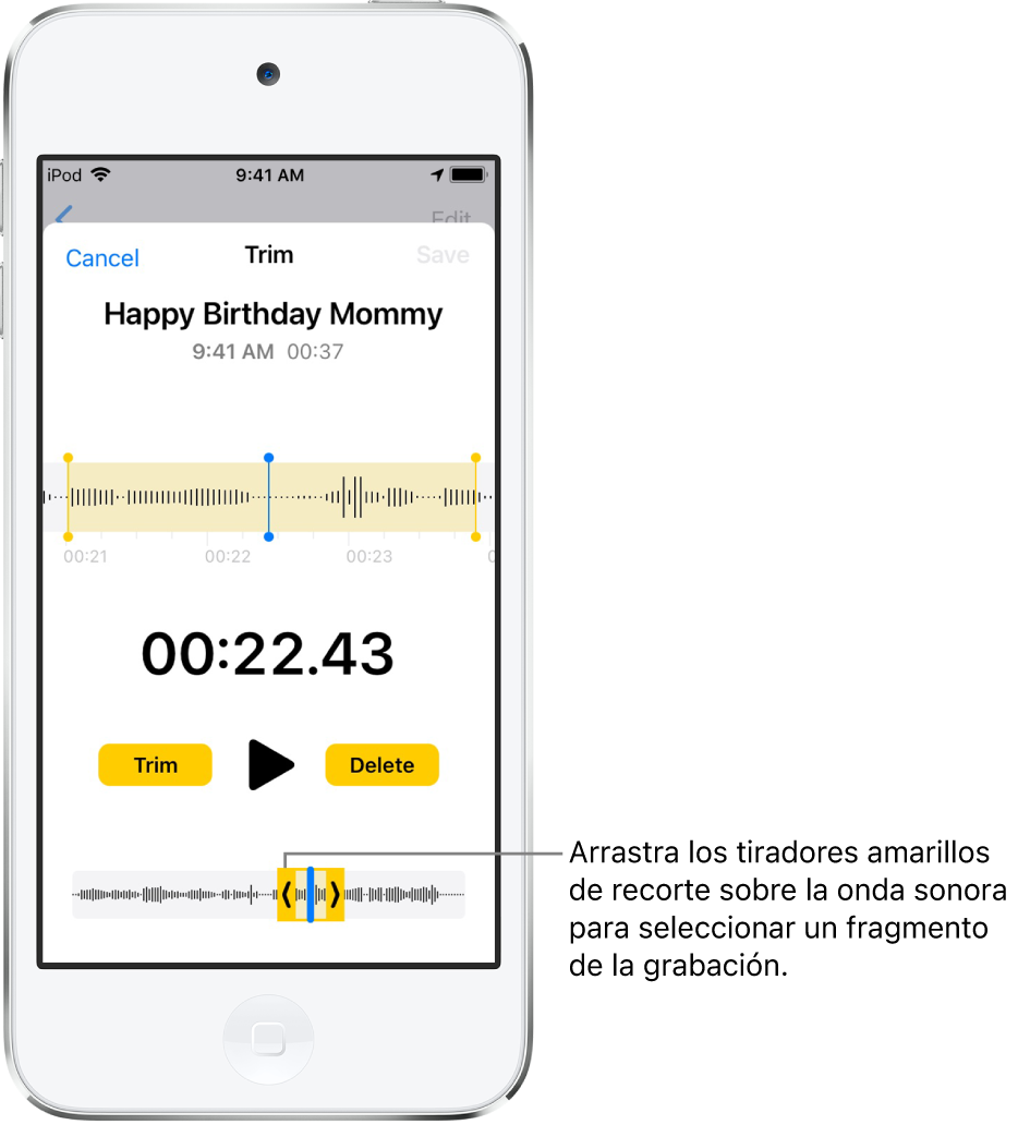 La grabación se está acortando con los tiradores de recorte, que enmarcan una porción de la forma de onda de audio en la parte inferior de la pantalla. Encima de la forma de onda hay un botón Reproducir y un temporizador de grabación. Los tiradores de recorte están debajo del botón Reproducir. El botón Acortar para eliminar la parte de la grabación que se encuentre fuera de los tiradores y el botón Eliminar para eliminar la parte de la grabación que se encuentre dentro de los tiradores están a ambos lados del botón Reproducir.