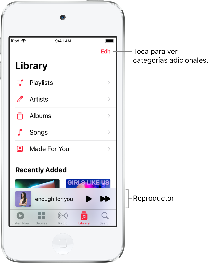 Pantalla Biblioteca con una lista de categorías, entre las que se incluyen Playlists, Artistas, Álbumes y Canciones. Bajo la lista, se muestra la cabecera “Añadido recientemente”. Reproductor con el título de la canción que está sonando y los botones Reproducir y Siguiente cerca de la parte inferior de la pantalla.