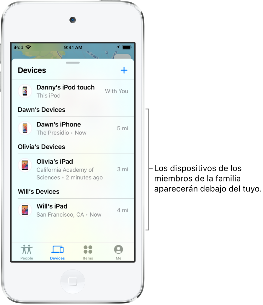 Pestaña Dispositivos en Buscar. El iPod touch de Dani está en la parte superior de la lista. Debajo están los dispositivos de Diana, Olivia y Guille.