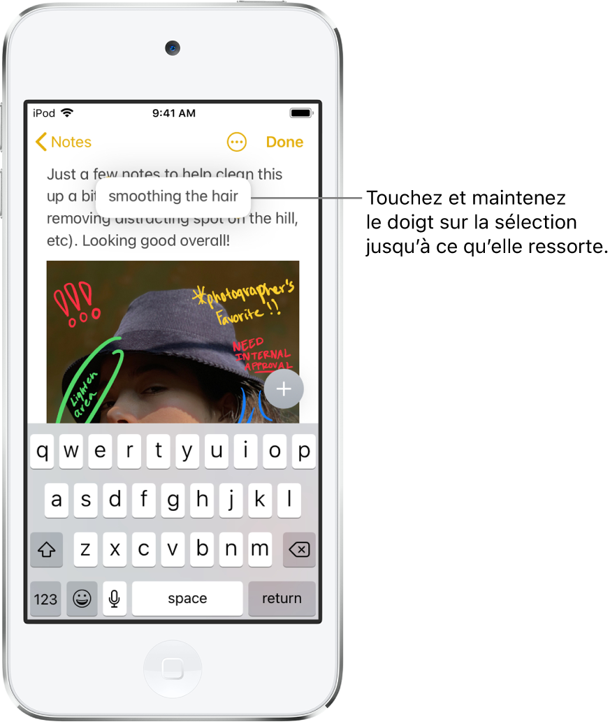 Dans une note de l’app Notes, un utilisateur maintient son doigt sur une expression sélectionnée ; elle semble alors se soulever.