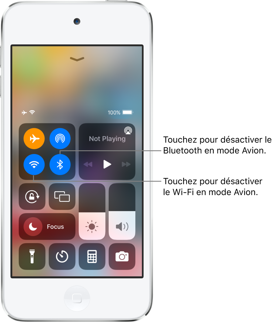 Centre de contrôle avec le mode Avion activé. Dans le groupe de commandes en haut à gauche se trouvent le bouton Wi-Fi (en bas à gauche) et le bouton Bluetooth (en bas à droite).