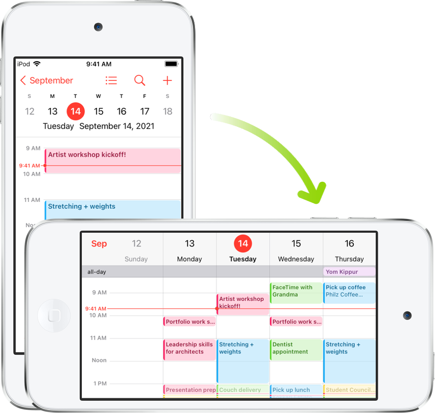 En arrière-plan, l’iPod touch affiche un écran Calendrier, avec les évènements d’une journée donnée en orientation Portrait. Au premier plan, l’iPod touch pivote en orientation Paysage, ce qui permet de consulter les évènements de la semaine comprenant la journée précédemment affichée.