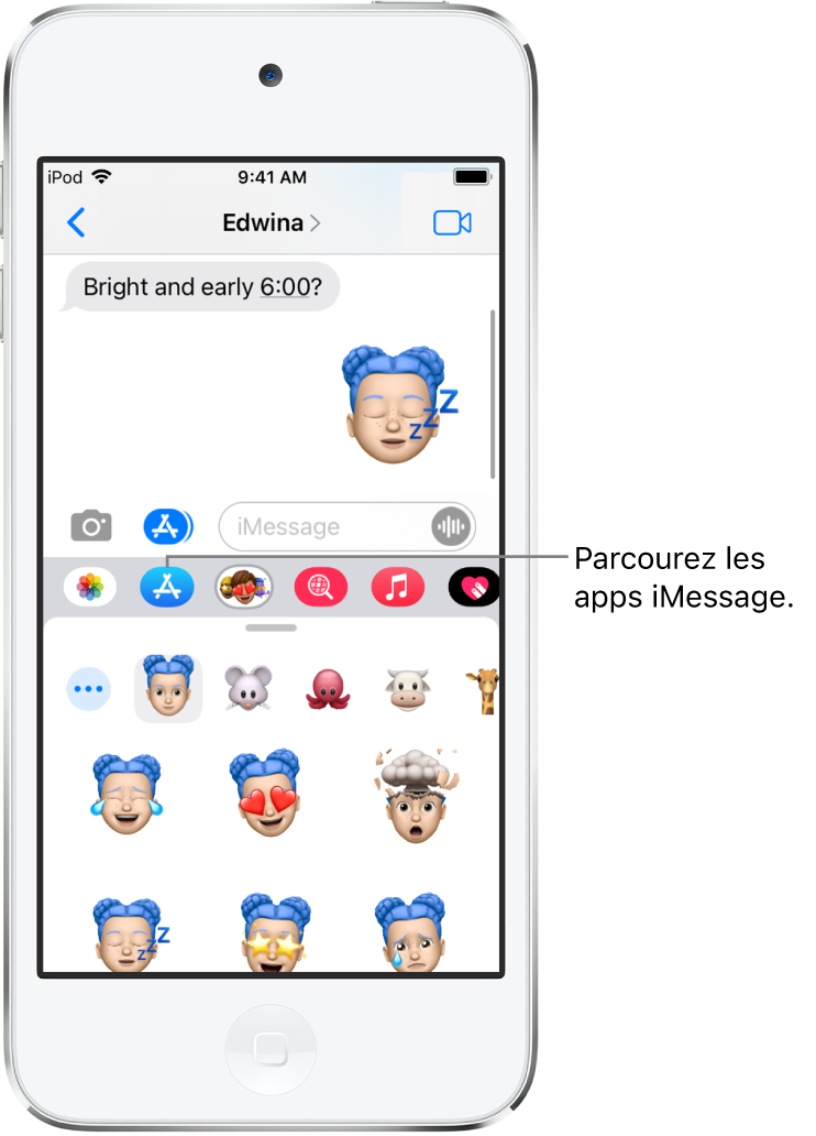 Une conversation Messages, avec le bouton Navigateur d’apps iMessage sélectionné. Le tiroir d’apps ouvert affiche des autocollants d’émoticônes.