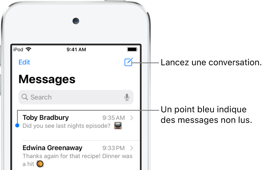 La liste Messages, le bouton Modifier en haut à gauche et le bouton Rédiger en haut à droite. Un point bleu à gauche d’un message indique que celui-ci n’a pas été lu.