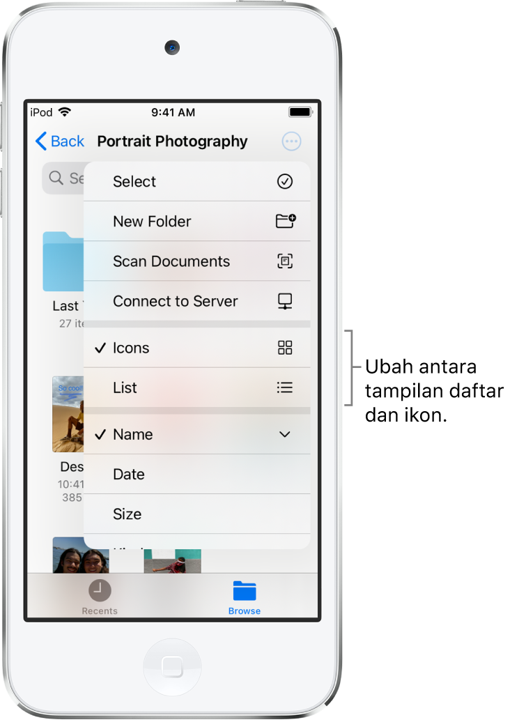 Lokasi iCloud Drive untuk file Fotografi. Item diurutkan menurut nama dan berisi folder yang bernama pemodelan ulang Penginapan dan enam dokumen: Desert Stop, Karen Blue, Lakeside, Leafy Shadows, Mark Flip, dan Susan Green. Tombol untuk mengubah antara tampilan daftar dan ikon muncul di dekat kanan atas.