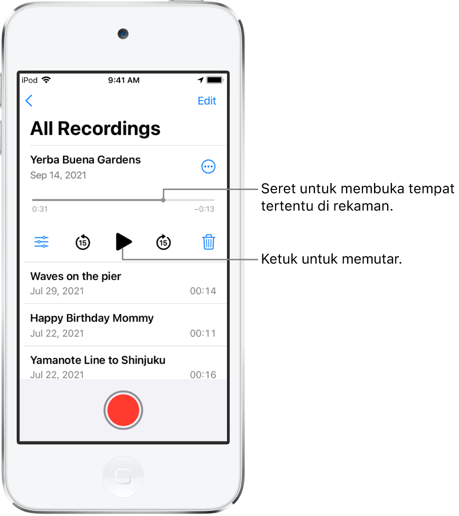 Layar daftar Memo Suara dengan rekaman yang dipilih di bagian atas. Garis waktu rekaman memiliki playhead, serta waktu mulai dan akhir di tiap ujung. Di bawah garis waktu terdapat tombol Lainnya, yang dapat Anda ketuk untuk mengedit, menduplikatkan, atau berbagi rekaman, tombol lewati mundur 15 detik, tombol putar, tombol lewati maju 15 detik, dan tombol hapus. Di bawah kontrol ini terdapat daftar rekaman yang dapat dibuka dengan ketukan.