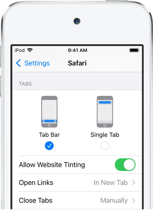 Layar menampilkan dua pilihan tata letak Safari: Bar Tab dan Satu Tab.