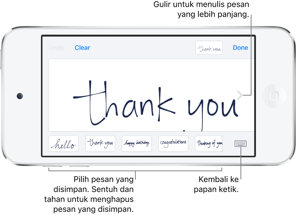 Layar tulisan tangan dengan pesan yang ditulis tangan. Di sepanjang bagian bawah, dari kiri ke kanan, terdapat pesan yang disimpan dan tombol Tampilkan Papan Ketik.