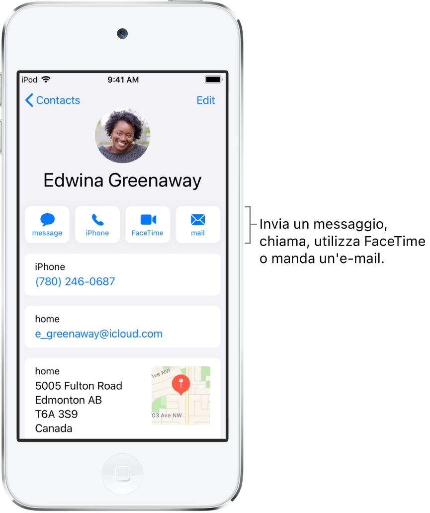 La schermata info di un contatto. In alto sono presenti la foto e il nome del contatto. Sotto il nome sono presenti i pulsanti per inviare un messaggio o un'e-mail, effettuare una chiamata telefonica o FaceTime. Sotto i pulsanti sono presenti le informazioni di contatto.