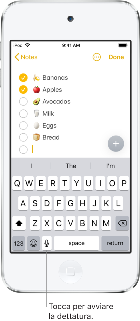 La tastiera su schermo che mostra il pulsante Detta (a destra della barra spaziatrice), che puoi toccare per iniziare a dettare del testo.