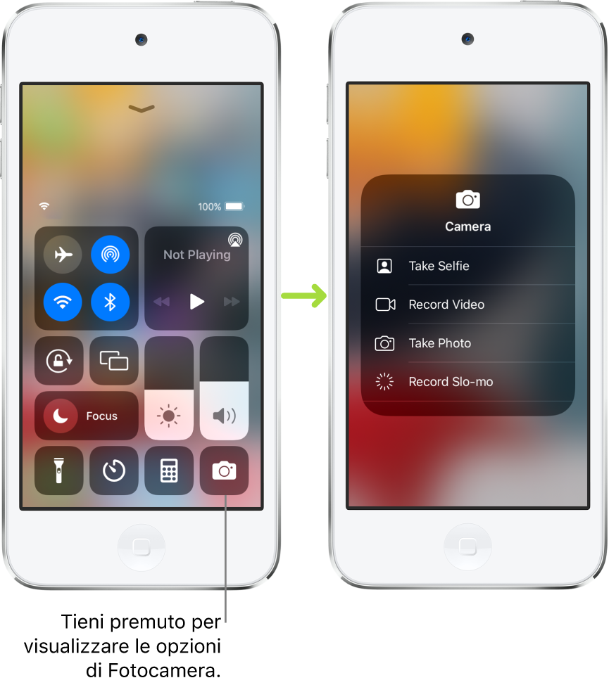 Due schermate di Centro di Controllo una accanto all'altra. Quella sulla sinistra mostra i controlli per la modalità “Uso in aereo”, per i dati cellulare, per il Wi-Fi e per il Bluetooth nel gruppo in alto a sinistra. In basso a destra è presente l'icona di Fotocamera. La schermata sulla destra mostra più opzioni nel menu delle azioni rapide per Fotocamera. scattare un selfie, registrare un video, scattare una foto e registrare in slow motion.