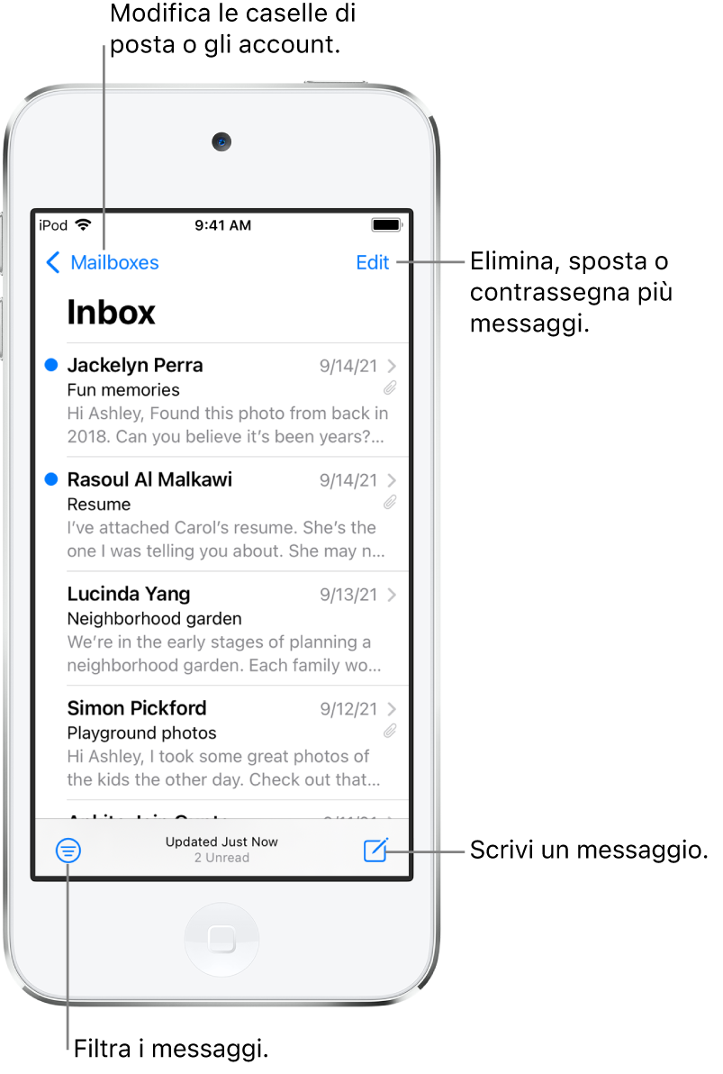 La casella Entrata che mostra un elenco di e-mail. Nell'angolo in alto a sinistra è presente il pulsante Caselle per passare da una casella all'altra. Il pulsante Modifica per eliminare, spostare o contrassegnare le e-mail si trova nell'angolo in alto a destra. Il pulsante per filtrare le e-mail e mostrarne solo alcuni tipi è nell'angolo in basso a sinistra. Il pulsante per comporre una nuova e-mail si trova nell'angolo in basso a destra.