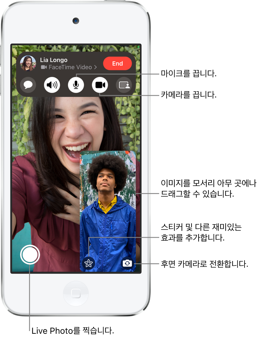 FaceTIme 통화 진행 중. 사용자의 이미지가 오른쪽 하단에 작은 타일로 표시되고 상대방의 이미지가 화면 전체를 채움. 화면 하단에는 Live Photo, 효과 및 후면 카메라로 전환 버튼이 있음. 화면 상단의 FaceTime 제어기에는 메시지 열기, 오디오, 소리 켬, 카메라 켬 및 콘텐츠 공유 버튼이 있음. 제어기 상단에는 통화하는 상대방의 이름 또는 Apple ID와 통화에서 나가기 버튼이 있음.