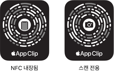 왼쪽에 NFC 내장 앱 클립 코드가 있고 중앙에 iPhone 아이콘이 있음. 오른쪽에 스캔 전용 앱 클립 코드가 있고 중앙에 카메라 아이콘이 있음.