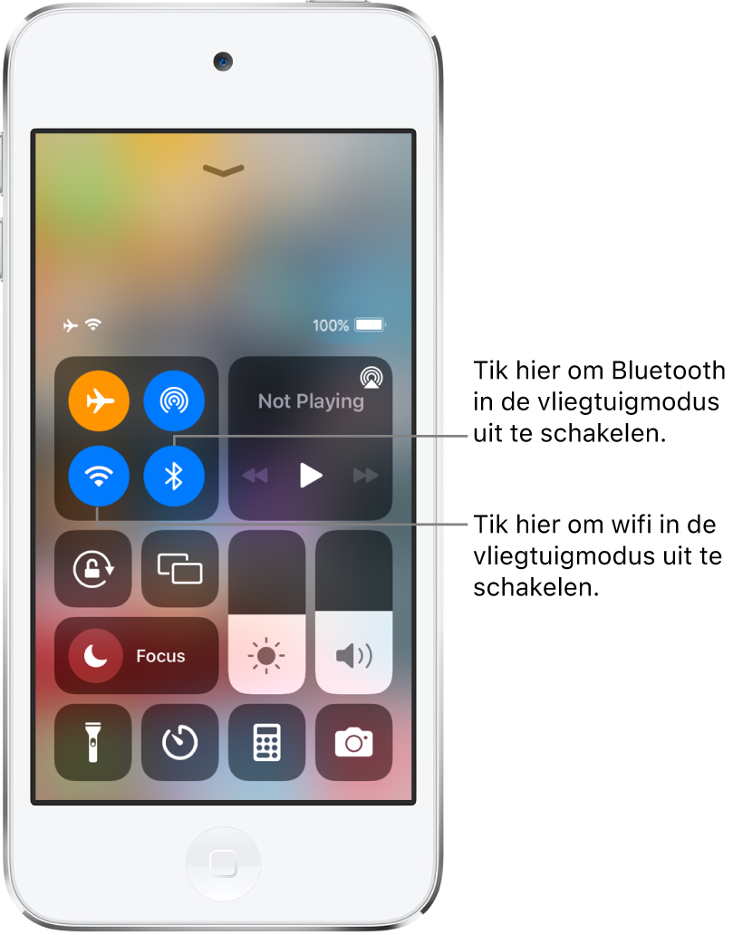 Het bedieningspaneel waarbij de vliegtuigmodus is ingeschakeld. In de groep regelaars linksbovenin staan de wifiknop (linksonder) en de Bluetooth-knop (rechtsonder).