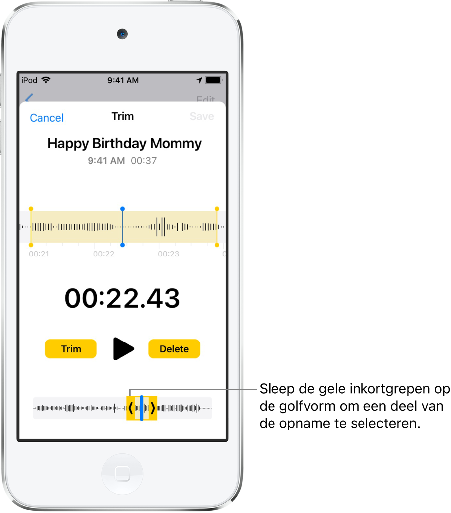 Je ziet hoe de opname wordt ingekort. Onder in het scherm zie je hoe de inkortgrepen een deel van de geluidsgolfvorm omsluiten. Boven de golfvorm bevinden zich een afspeelknop en een opnametimer. De inkortgrepen bevinden zich onder de afspeelknop. De inkortknop, waarmee je het deel van de opname buiten de grepen verwijdert, en de verwijderknop, waarmee je het deel van de opname binnen de grepen verwijdert, staan aan beide zijden van de afspeelknop.