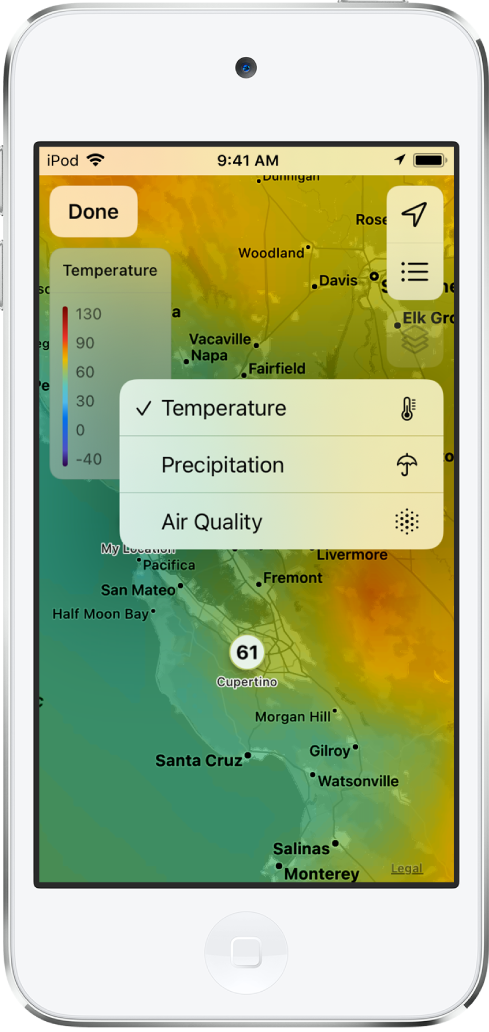 Een temperatuurkaart van de omgeving wordt schermvullend weergegeven. Rechtsbovenin staan onder elkaar de knoppen 'Huidige locatie', 'Favoriete locaties' en 'Overlay-menu'. De Overlay-knop is geselecteerd en er zijn opties te zien om de schermweergave te wijzigen, zodat de temperatuur, neerslag of luchtkwaliteit wordt getoond. Linksbovenin staat de knop 'Gereed'.