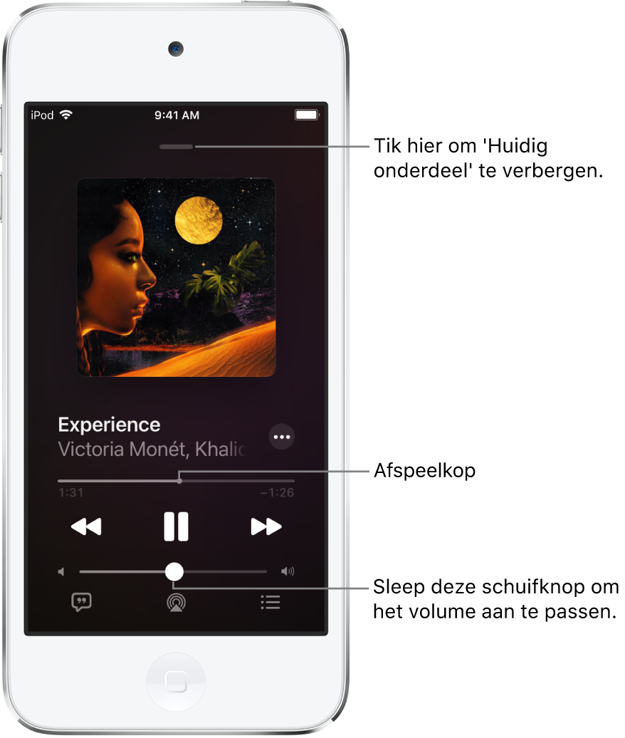 Het scherm 'Huidig onderdeel' met de albumillustratie. Hieronder zie je de titel van het nummer, de artiest, de knop 'Meer', de afspeelkop, afspeelregelaars, de volumeschuifknop, de songtekstknop, de afspeelbestemmingsknop en de wachtrijknop. De knop voor het verbergen van het huidige onderdeel bevindt zich bovenin.