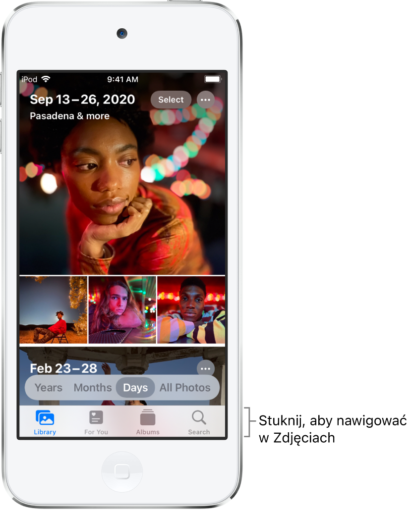 Biblioteka zdjęć w widoku dni. Ekran wypełniony jest miniaturkami zdjęć. W lewym górnym rogu ekranu widoczna jest data oraz miejsce wykonania zdjęć. W prawym górnym rogu znajdują się przyciski Wybierz oraz Więcej opcji. Poniżej miniaturek widoczne są opcje wyświetlania biblioteki zdjęć według lat, miesięcy i dni, a także wyświetlania wszystkich zdjęć. Na samym dole znajdują się przyciski Biblioteka, Dla Ciebie, Albumy oraz Szukaj.