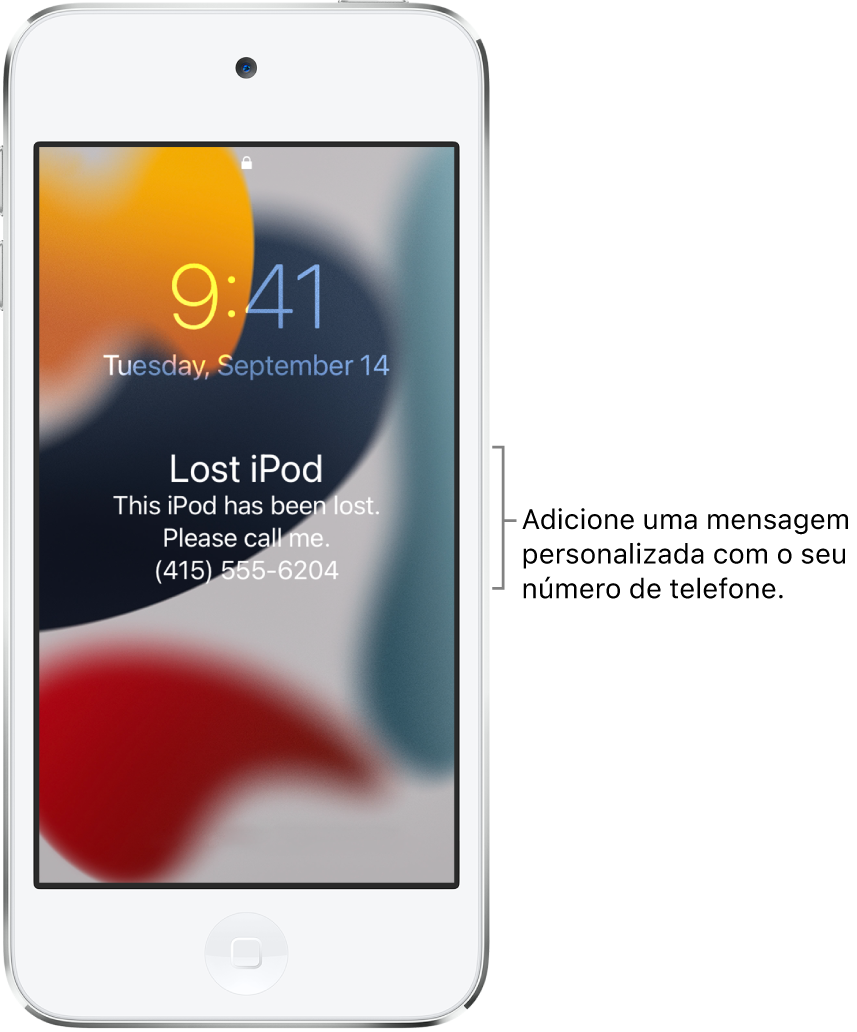 Tela Bloqueada do iPod com a mensagem: “iPod perdido. Este iPod foi perdido. Por favor, ligue para mim. (415) 555-6204.” Você pode adicionar uma mensagem personalizada com o seu número de telefone.