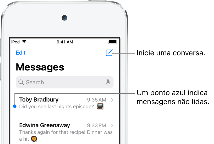 A lista Mensagens, com o botão Editar na parte superior esquerda e o botão Compor na parte superior direita. Um ponto azul à esquerda de uma mensagem significa que ela não foi lida.