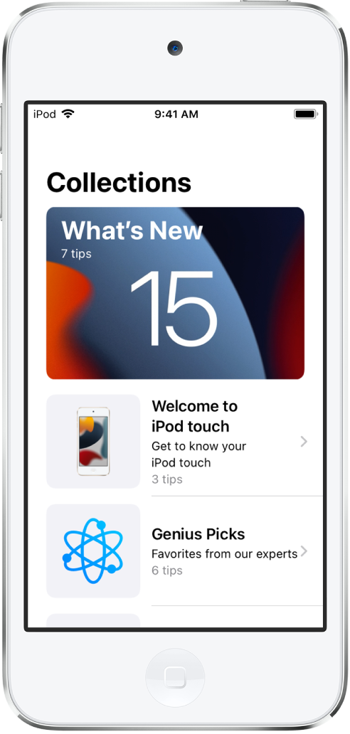 Uma tela mostrando coleções de Dicas, com setas voltadas para a direita indicando que você pode tocar em uma coleção para visualizar as dicas nela.