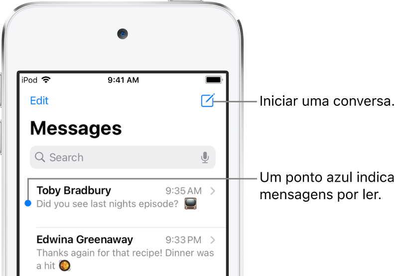 A lista de mensagens, o botão Editar no canto superior esquerdo e o botão para escrever mensagem no canto superior direito. Um ponto azul à esquerda de uma mensagem indica que esta não foi ainda lida.