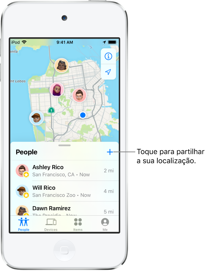O ecrã de Encontrar, com a lista Pessoas aberta. Há três pessoas na lista: Ana Rico, Guilherme Rico e Diana Ramirez. Toque no botão Adicionar na parte superior da lista de pessoas para partilhar a sua localização.