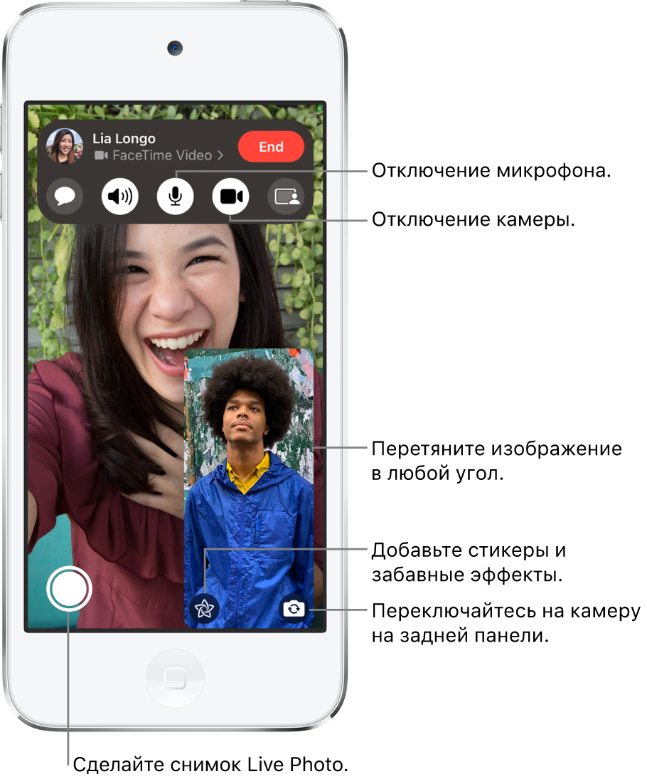 Выполняется вызов FaceTime. Вид с Вашей камеры отображается в небольшом окне в правом нижнем углу, а вид с камеры собеседника заполняет остальную часть экрана. Вдоль нижнего края экрана расположены кнопки Live Photo, эффектов и переключения на камеру на задней панели. В верхней части экрана находятся элементы управления FaceTime, в том числе кнопки «Открыть Сообщения», «Аудио», «Выключить звук», «Включить камеру» и «Поделиться контентом». В верхней части элементов управления находятся имя или Apple ID человека, с которым Вы разговариваете, и кнопка «Отбой».