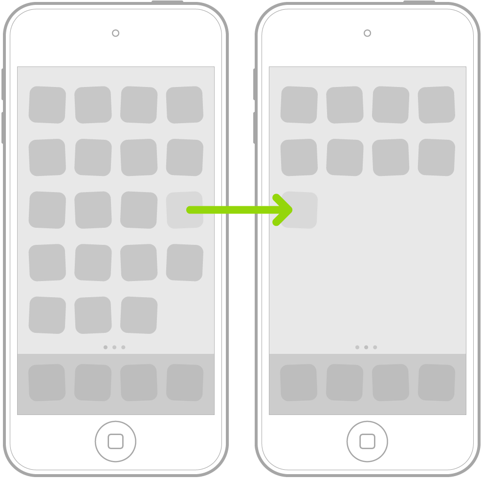 Vickande appar på hemskärmen med en pil som visar hur en app dras till nästa sida.