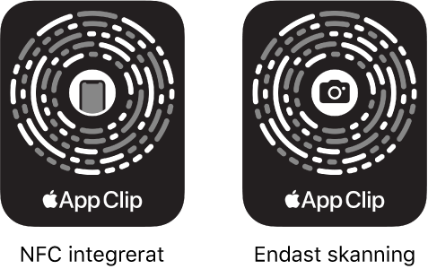 Till vänster finns en NFC-integrerad kod för appklipp med en iPhone-symbol i mitten. Till höger finns en NFC-kod som endast går att skanna med en kamerasymbol i mitten.