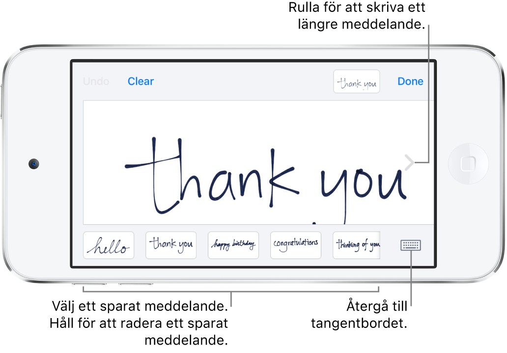 Handskriftsskärmen med ett handskrivet meddelande. Från vänster till höger längs nederkanten finns sparade meddelanden och knappen som visar tangentbordet.