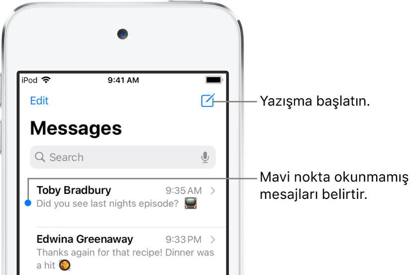 Sol üstte Düzenle düğmesi ve sağ üstte Oluştur düğmesi ile Mesajlar listesi. Mesajın solundaki bir mavi nokta mesajın okunmadığını belirtir.