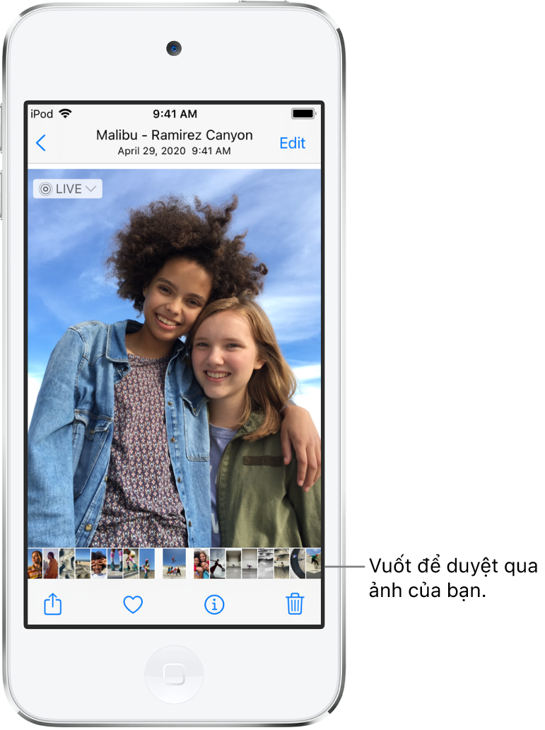 Ảnh với hình thu nhỏ của các ảnh khác ở cạnh phía dưới màn hình. Ở trên cùng bên trái là nút quay lại giúp đưa bạn trở lại chế độ xem mà bạn đang duyệt. Dọc theo dưới cùng là các nút Chia sẻ, Thích và Xóa. Ở trên cùng bên phải là nút Sửa.