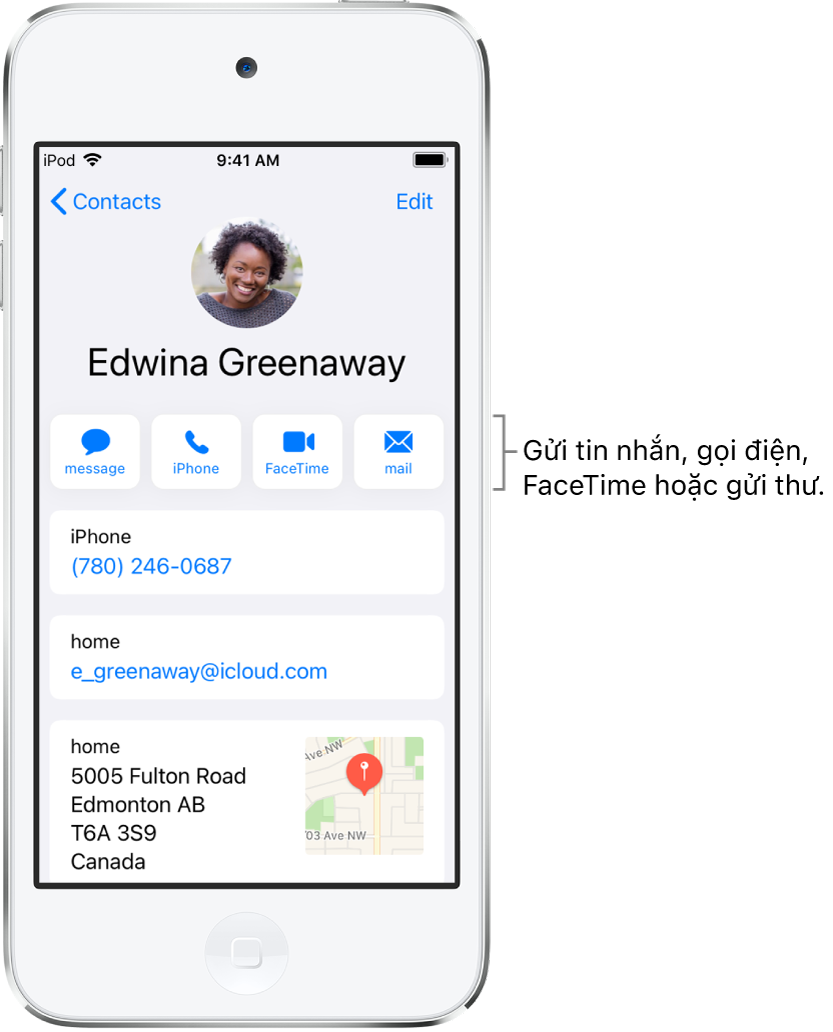 Màn hình thông tin cho một liên hệ. Ở trên cùng là ảnh và tên của liên hệ. Bên dưới là các nút để gửi tin nhắn, thực hiện cuộc gọi điện thoại, thực hiện cuộc gọi FaceTime và gửi email. Bên dưới các nút là thông tin liên hệ.