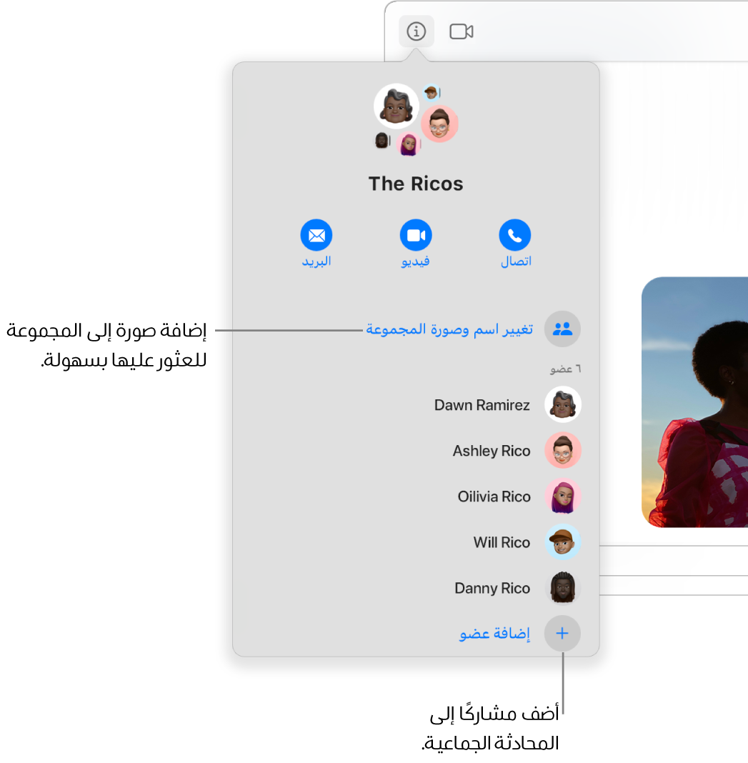 عرض التفاصيل، الذي يظهر بعد النقر على زر التفاصيل في محادثة جماعية. تظهر إضافة عضو أسفل اسم آخر مشارك في القائمة. يمكنك تغيير اسم المجموعة والصورة فوق أسماء المشاركين مباشرة.
