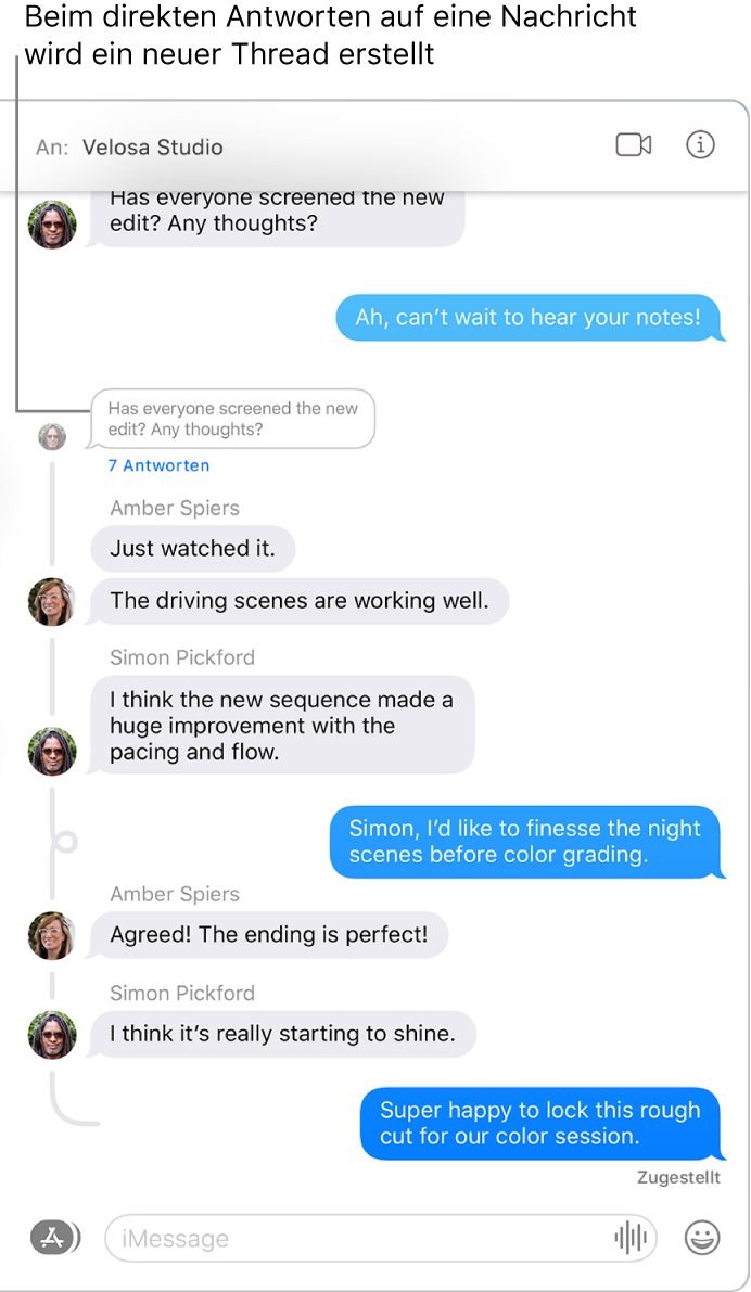 Das Fenster „Nachrichten“ zeigt eine Konversation mit mehreren Antworten in einem Nachrichten-Thread.