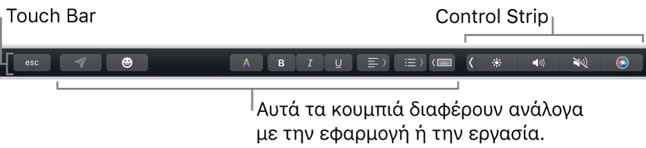 Το Touch Bar κατά μήκος του πάνω μέρους του πληκτρολογίου, όπου εμφανίζεται το συμπτυγμένο Control Strip στα δεξιά και κουμπιά που διαφέρουν ανάλογα με την εφαρμογή ή την εργασία.