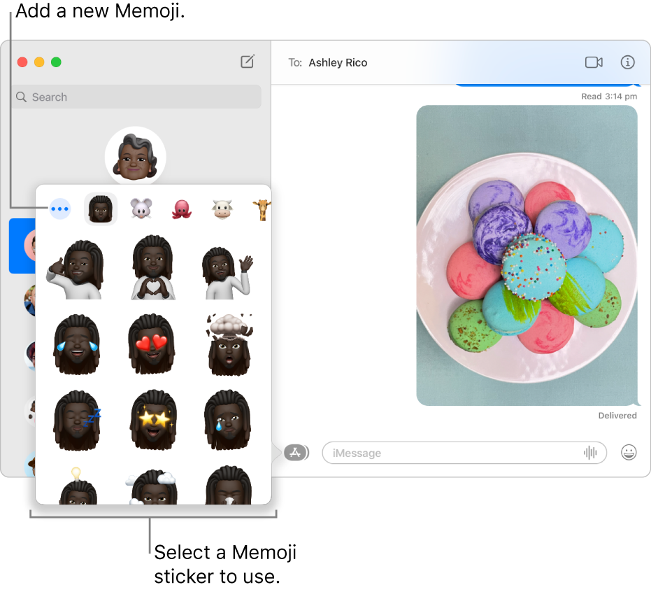 The Messages window with several conversations listed in the sidebar at the left, and a transcript showing at the right. When choosing Memoji Stickers from the Apps button, you can select a Memoji sticker to use or create a new Memoji.