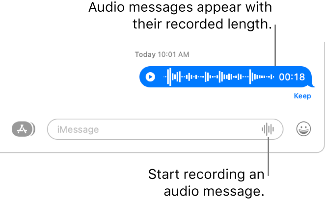 A conversation in the Messages window, showing the Record Audio button next to the text field at the bottom of the window. An audio message appears with its recorded length in the conversation.